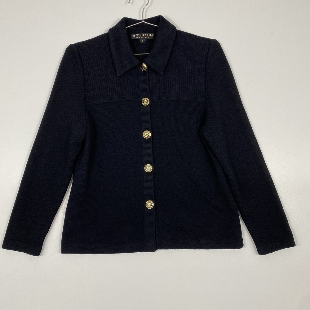 St. John‎ Cardigan Sweater Womens 6 Black Collared GoldButton SantanaKnit Jacket